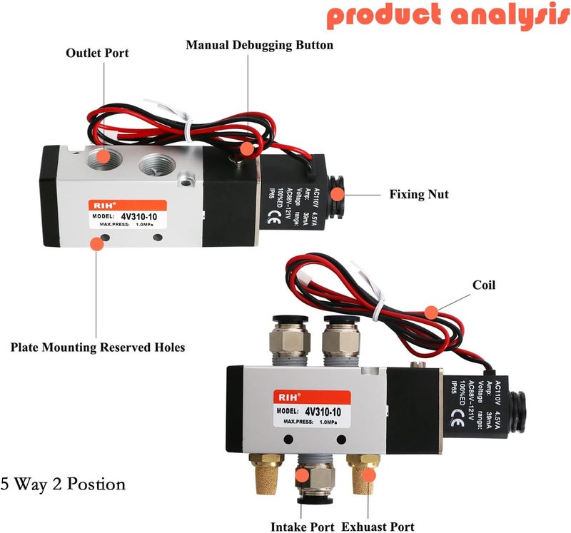RH Pneumatics Solenoid Valve 4V310-10 12V/24V/110V Series Single Coil Pilot-Operated Electric 2 Position 5 Way Connection Type (AC110V/Out of line, 3/8"NPT) - Image 3